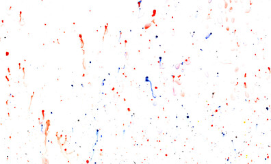 Drops of red and blue paint on a white background.