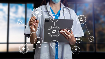 Health care and medical technology services concept with cinematography screen.