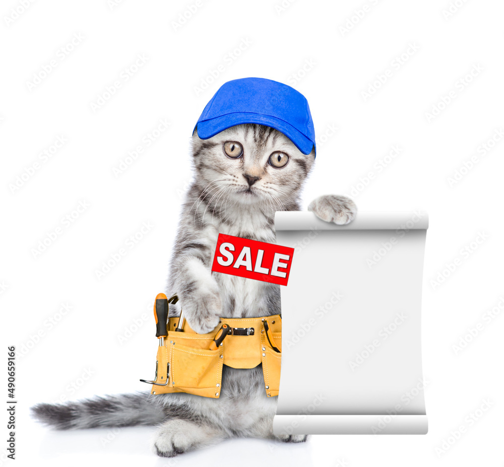 Poster Funny cat worker wearing red cap and toolbelt shows sales symbol and empty list.  Isolated on white background