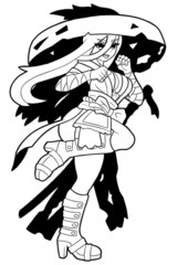 Cute anime manga girl samurai with big japanese hat strikes line style manga	
