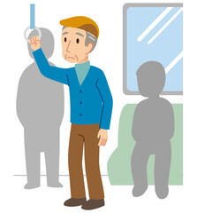 電車に乗る高齢者　少し疲れた表情