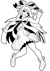 A cute anime manga girl with pink hair and a big bow. In a skirt and white gloves line style manga	
