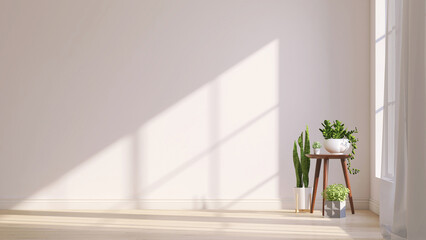 Variety of easy care and air purify indoor tropical house plants in white wall room with sunlight from window casting shadow on wood floor. 3D render for home garden interior decoration background. - Powered by Adobe