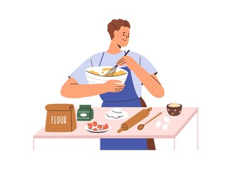 Person cooks home food from flour and eggs. Man cooking at kitchen table, preparing dough for baking in bowl. Homemade bakery preparation. Flat vector illustration isolated on white background