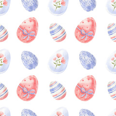 Watercolor hand drawn seamless pattern with Easter Eggs. White background. Perfect for wrapping paper, textile fabric, celebration template.