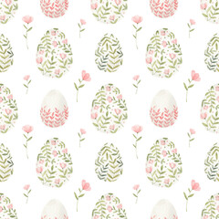 Watercolor hand drawn seamless pattern with Easter Eggs. White background. Perfect for wrapping paper, textile fabric, celebration template.