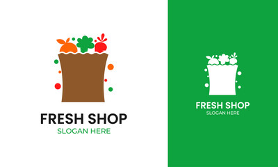 Grocery paper bag logo design with fruit and vegetable icon