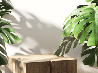 Blank wood podium product display and green tropical monstera plants leaves with beautiful sun...