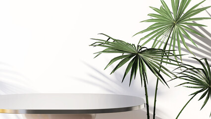 Fototapeta premium White round steel side table with green tropical plant leaves with beautiful sun light and shadow. 3D render product display background for nature, organic, spa, health, cosmetic and beauty.
