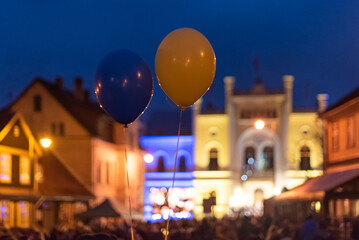 Hundreds of people holding balloons and flags participated at a 
