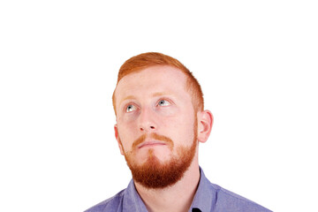 Thinking of something good. Portrait of redhead man with facial expression isolated on white background. 