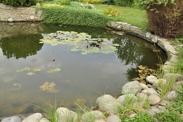 Garden pond. Pond in landscape design.