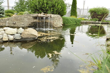 Garden pond. Pond in landscape design.
