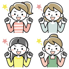 ガッツポーズをする若い女性の上半身セット