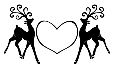 Fototapeta na wymiar Heart and two elegant silhouettes deer with beautiful antlers. Design element for weddings, love story decoration, memory diaries, celebration invitations. Merry christmas and happy new year symbols