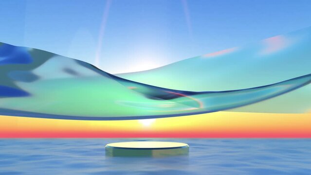 A podium in the sea at sunset and a transparent fabric fluttering in the wind