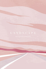 Abstract landscape background in minimal style. Earth tone watercolor texture with road, street, mountain and sky. Minimalist wallpaper good for wall art, decoration, design, print, and poster.