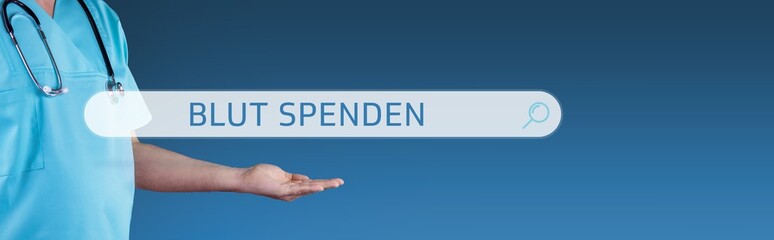 Blut spenden. Arzt streckt Hand aus. Browser Suche mit Text schwebt darüber. Medizin online im...