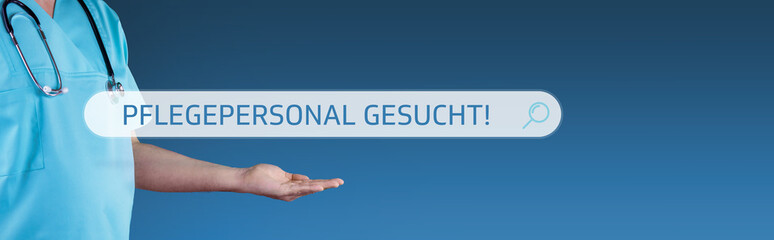 Pflegepersonal gesucht! (Arztpraxis). Arzt streckt Hand aus. Browser Suche mit Text schwebt...