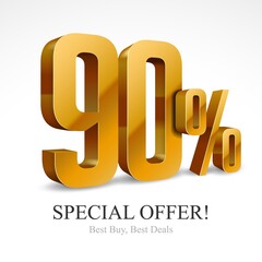 90 Off Special Offer Gold 3D Digits Banner, Design Template Icon Ninety Percent. Sale, Discount. Glossy Vector Numbers. Illustration Isolated On White Background.