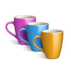 Mockup Blank Colored Cup Mug Yellow, Blue, Pink, Violet Porcelain, Ceramics Isolated On White Background. Mock Up Template For Branding. Photorealistic Illustration. Ready For Your Design. Vector. - 490664555