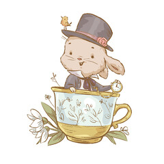 Vector Happy Easter illustration with cute adorable white bunny character in top hat with pocket watch sit in tea cup. Flat vintage sketch hand drawn style. For Easter card, print, poster, banner etc.