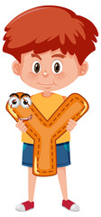 A boy holding alphabet letter on white background