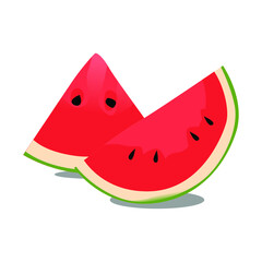 Vector illustration Cartoon slice watermelon. Green striped berry with red pulp and brown bones, cut and chopped fruit, half and sliced on white background