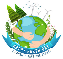 Happy Earth Day typography design with earth globe and nature elements