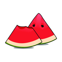 Vector illustration Cartoon slice watermelon. Green striped berry with red pulp and brown bones, cut and chopped fruit, half and sliced on white background
