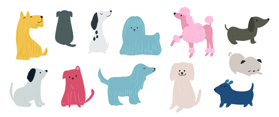 Set of cute dogs vector. Lovely dog and friendly puppy doodle pattern in different poses and breeds with flat color. Adorable funny pet and many characters hand drawn collection on white background.