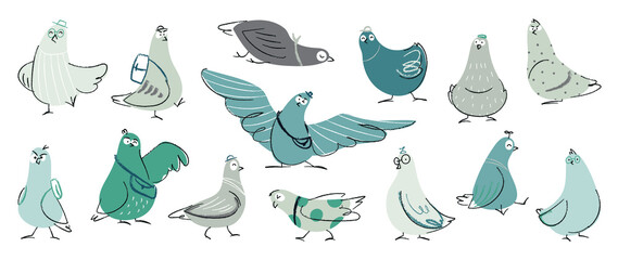 Set of cute pigeon vector. Lovely bird and friendly pigeon doodle pattern in different poses and clothes with flat color. Adorable funny animal characters hand drawn collection on white background. - obrazy, fototapety, plakaty