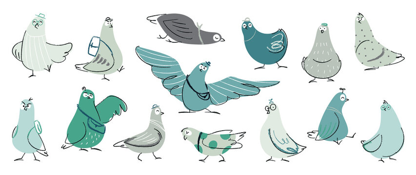 Set of cute pigeon vector. Lovely bird and friendly pigeon doodle pattern in different poses and clothes with flat color. Adorable funny animal characters hand drawn collection on white background.