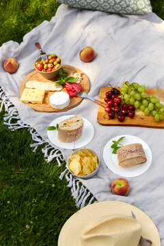 leisure and eating concept - close up of food or snacks on picnic blanket in summer garden