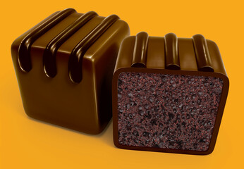 chocolate covered decorated caramel bar. 3D illustrations