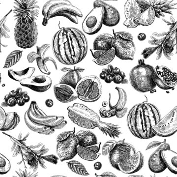 Fruits seamless engraving pattern. Sketchy vector illustrations