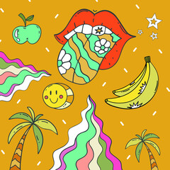 Hippie banner in retro 70s style, vector elements. Cartoon funny mushrooms, flowers, a rainbow, a set of vector elements in vintage style, an inscription. For banners, fabric, printing, web elements