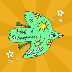 Hippie banner in retro 70s style, vector elements. Cartoon funny mushrooms, flowers, a rainbow, a set of vector elements in vintage style, an inscription. For banners, fabric, printing, web elements