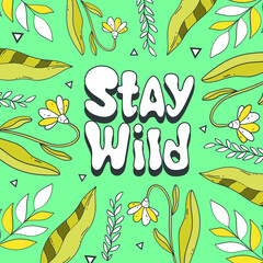 Obraz premium Hippie banner in retro 70s style, vector elements. Cartoon funny mushrooms, flowers, a rainbow, a set of vector elements in vintage style, an inscription. For banners, fabric, printing, web elements