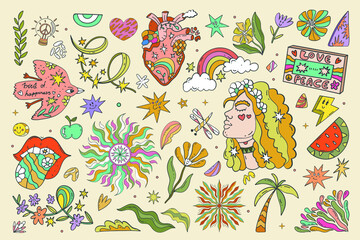 Fototapeta na wymiar ippie stickers in retro 70s style, vector elements. Cartoon funny mushrooms, flowers, rainbow, a set of vector elements in vintage hippie style. For banners, fabric, printing, web elements