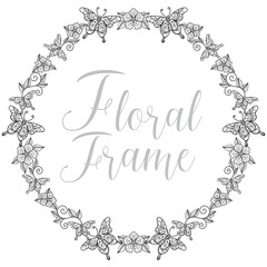 Obraz premium Wreath flower and butterfly hand drawn for adult coloring book