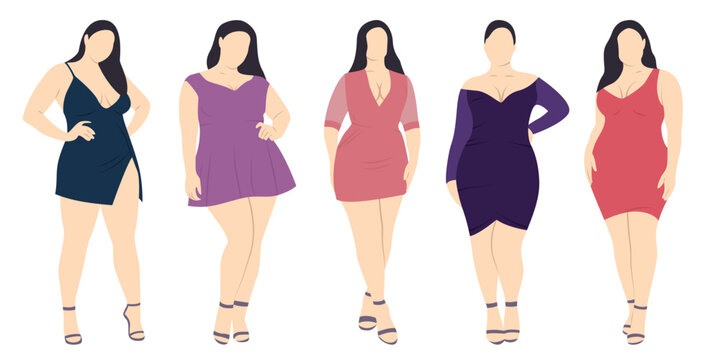 Plus size women clothing. Woman in dress vector fashion illustration.