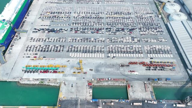 Aerial view a lot of new cars for shipping to dealership, A Lot of Car at park, Row of Car export to express ship.