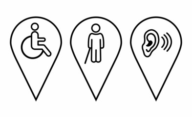 Disabled, wheelchair concept vector icon set. Set pin map marker pointer icon. Location icons indicating handicapped parking, people with disabilities