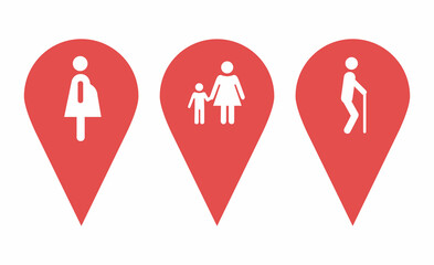 Location pin icons. Map pin place marker. Location icon. Map marker pointer icon set. GPS location symbol collection. Location icons indicating pregnant, elderly, women with children