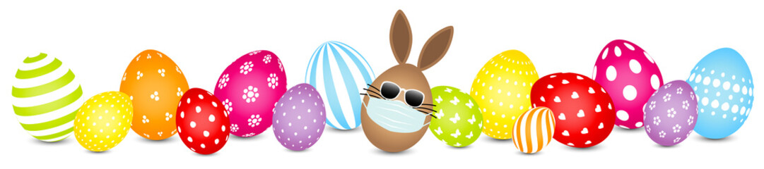 Braunes Hasenei Maske Sonnenbrille Und Bunte Ostereier Muster Banner