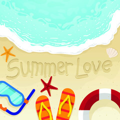 Summer tropic vacation background design. Sea shore and swimming accessories.
