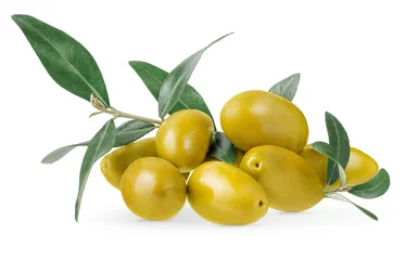 Foto auf Glas Heap of green olives with branch isolated on white background with clipping path. © Tania