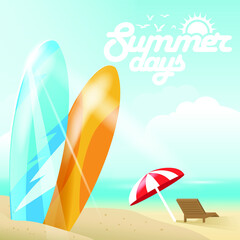 The concept of a postcard on a summer theme with summer attributes. Beach vacation, sea, umbrella, chaise lounge, surfboard. Vector illustration