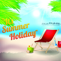 It Summer holiday, Summer beach with a sun, chair, coconut palm trees and sky. Template for your poster banner 
